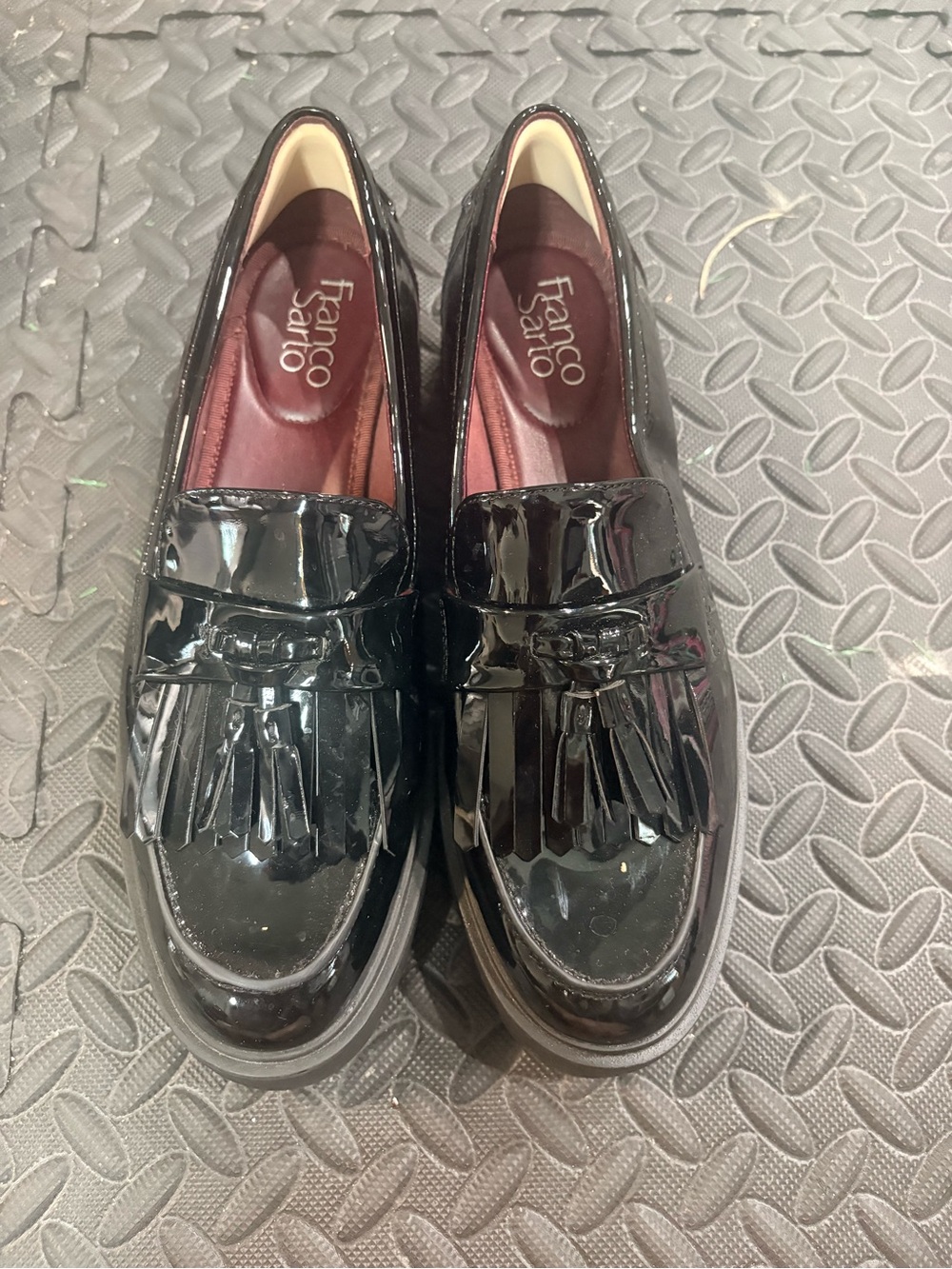 Franco Sarto Shiny Black Tassel Kiltie Loafers
